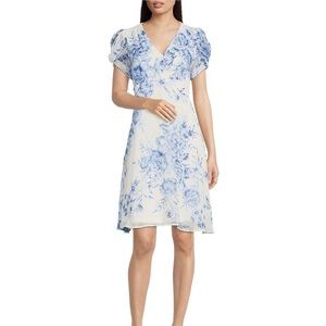 Calvin Klein floral print puff sleeve chiffon dress.